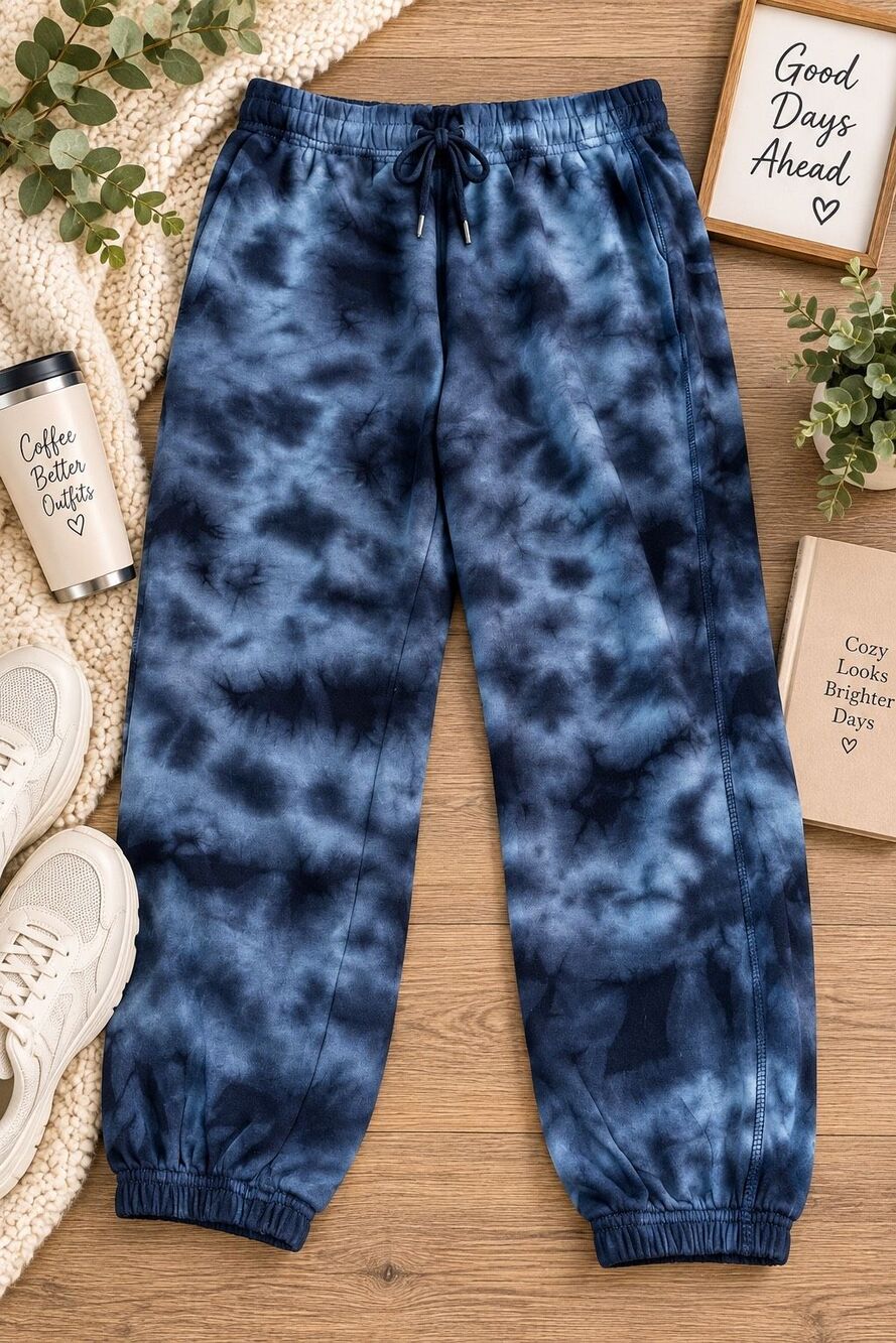 Old Navy Women’s Large Blue Black Tie Dye Fleece Jogger Sweatpants Drawstring
